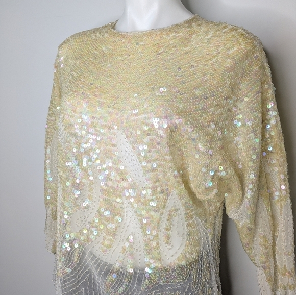 Vintage off white fully sequined & beaded 1/2 sleeve top S/M - Picture 3 of 10